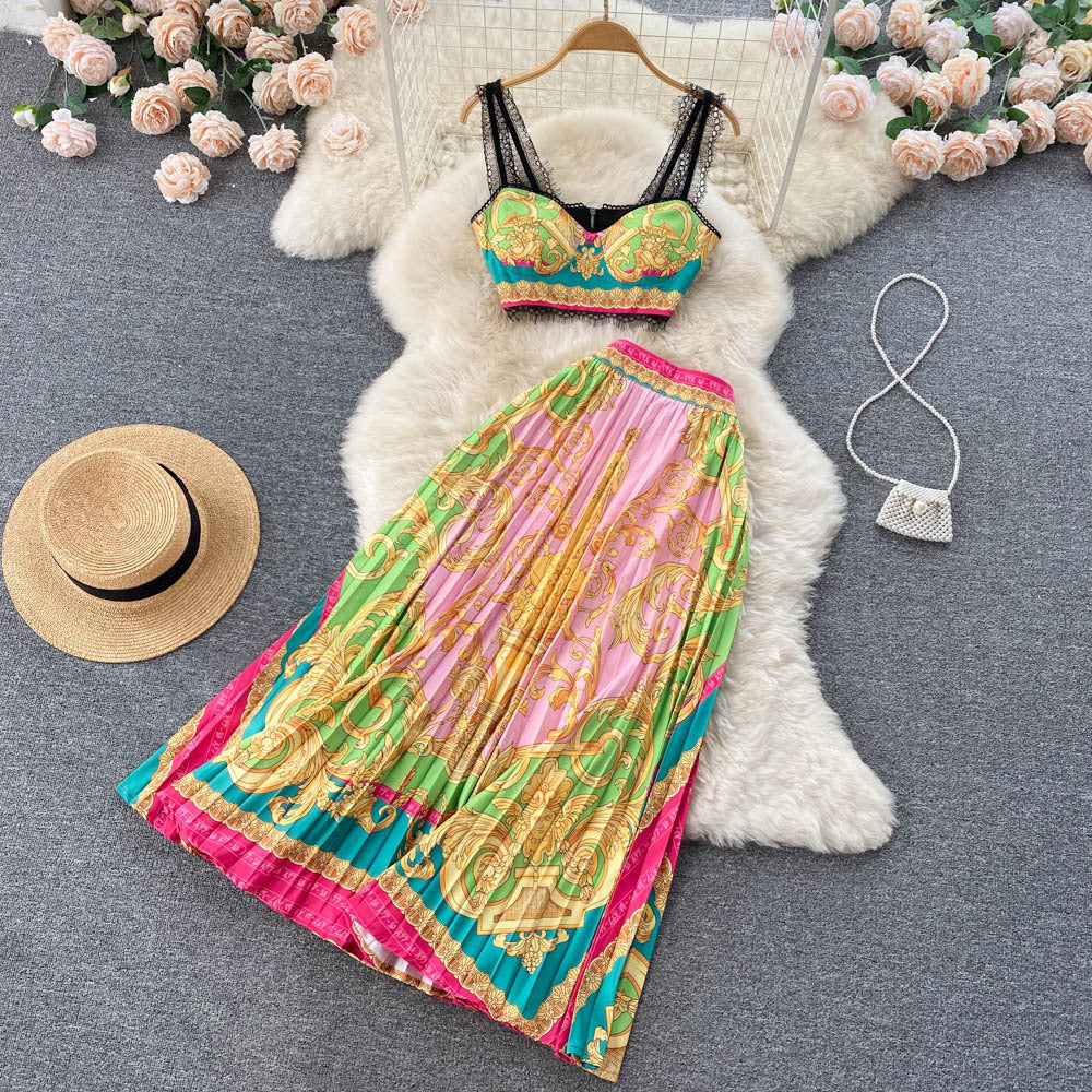 Baroque Lace Stitched Floral Print Crop Tank Top + Pleated Maxi Skirt Women's 2-Piece Set