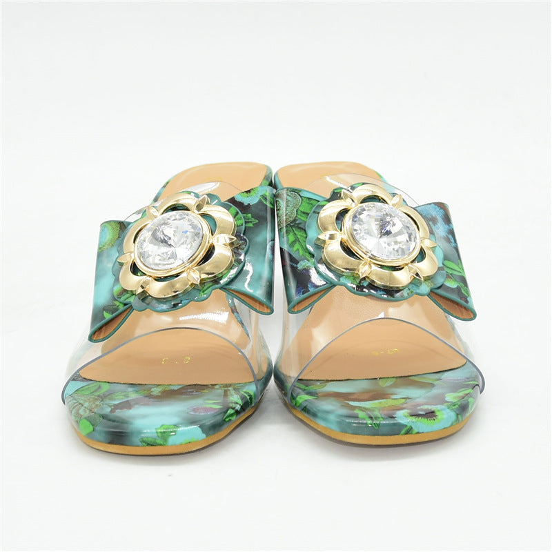 PVC Clear Transparent Rhinestone Gold Pendant Detail Women's High Heels Slipper Sandals