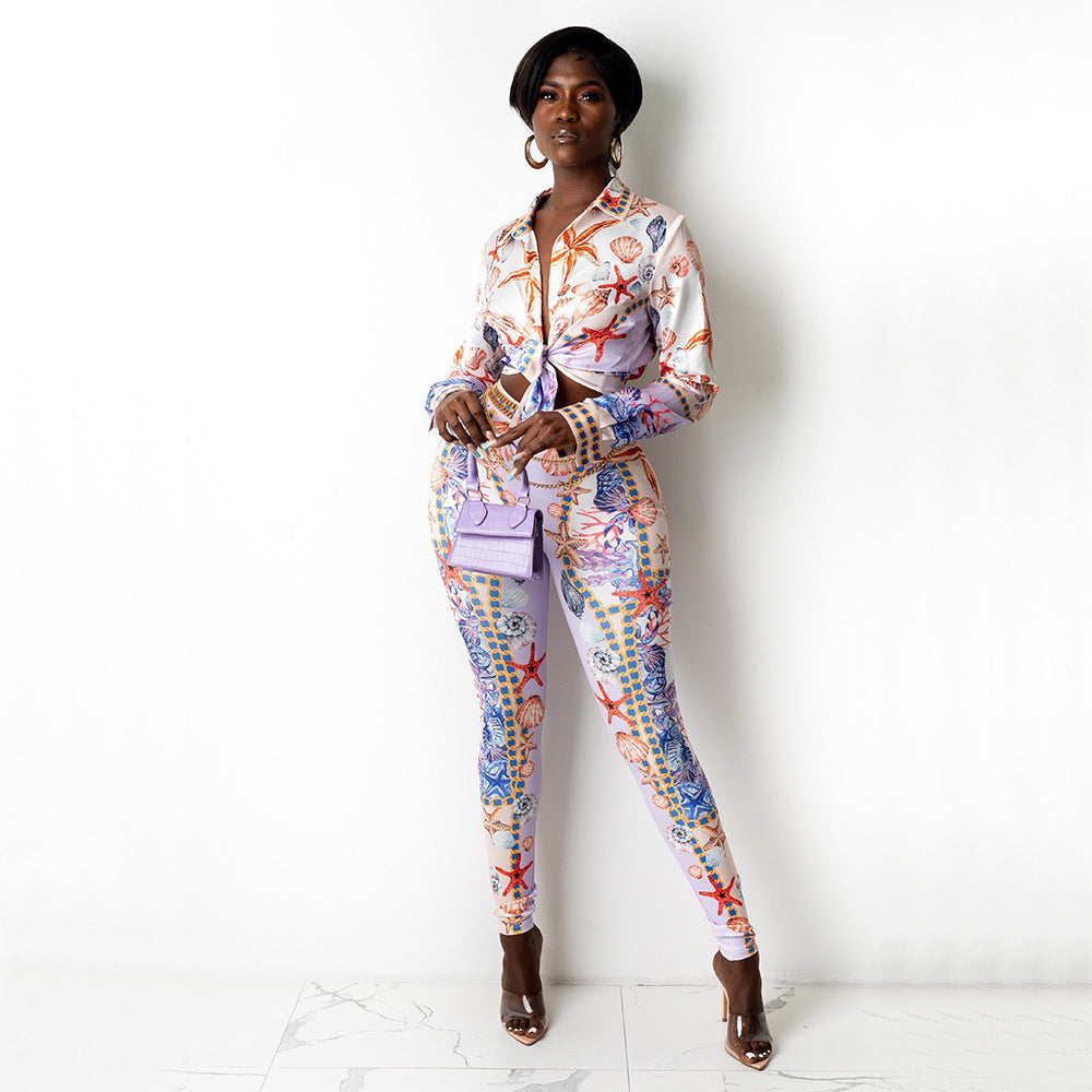 Tropical Starfish Baroque Chain Print Turn-Down Collar Long Sleeve Lace-Up Blouse+ Skin Tight Leggings Women's 2-Piece Set