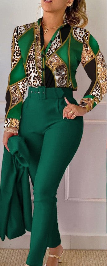 Floral/Geometric/Baroque/Colorblock Gradient Print Long Sleeve Blouse + Solid Color Pants w/ Belt 2-Piece Office Attire Set