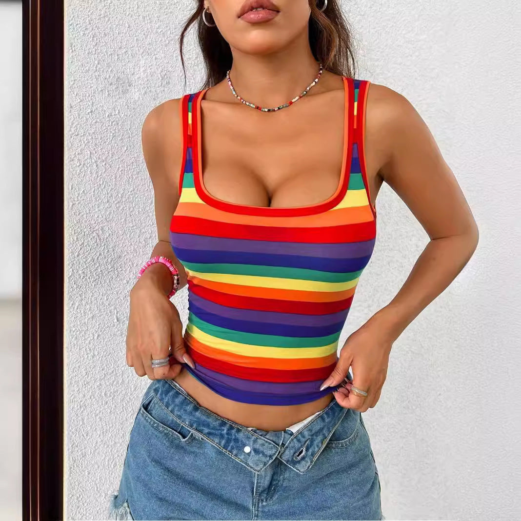 Rainbow Striped/Camo Women's Knitted Skinny Tank Top