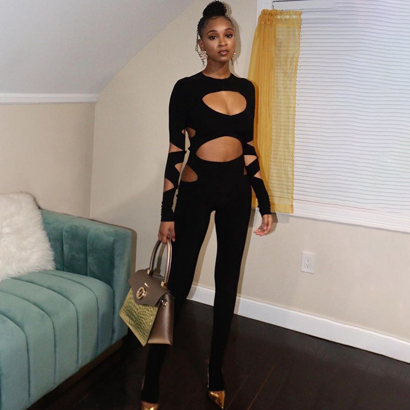 Black Hollow-Out Ripped Long Sleeve Women's Jumpsuit