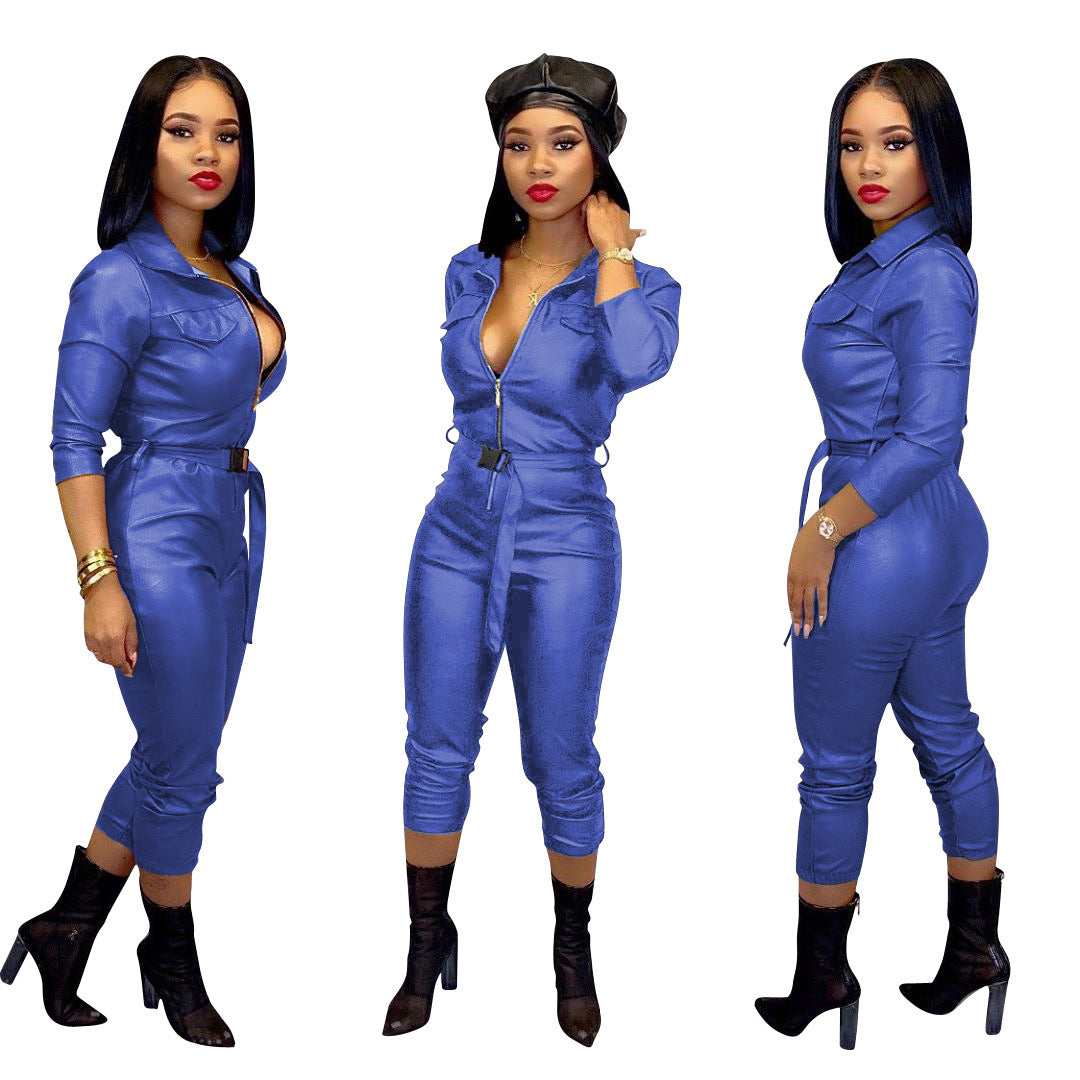 PU Leather Double Pocket Women's Solid Color High Elastic Long Sleeve Turn-Down Collar Zipper Jumpsuit