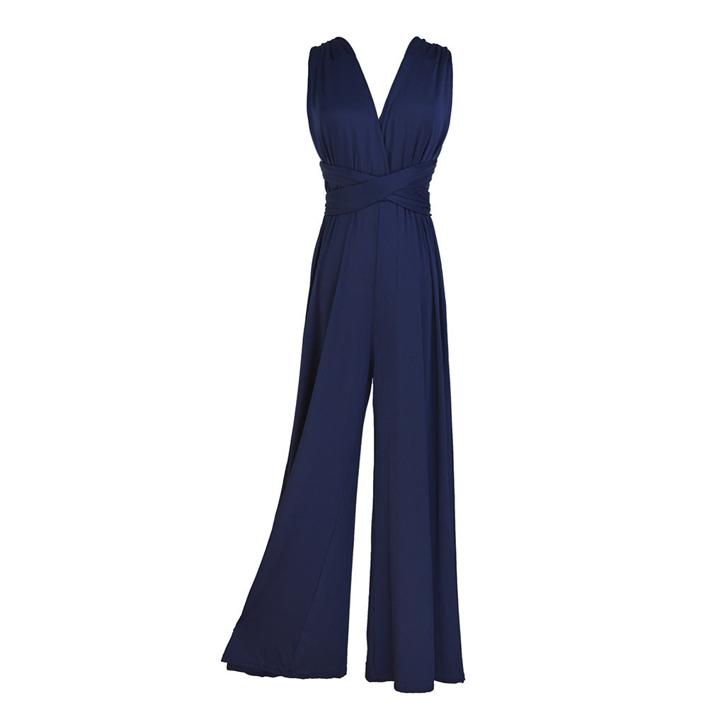 Criss-Cross Bandage Wide Leg V-Neck Sleeveless Women's Solid Color Wide Leg Jumpsuit