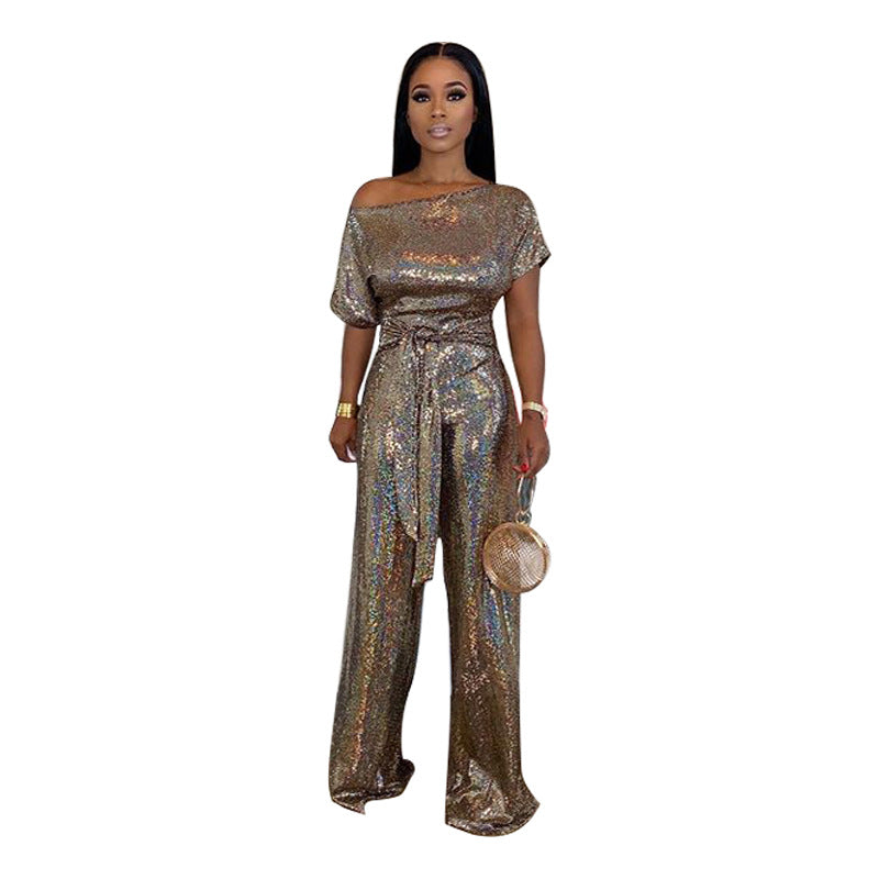 Glitter Sequin  Off-the-Shoulder Short Sleeve Women's Sash Belted Formal Party Jumpsuit to 4X Plus Size