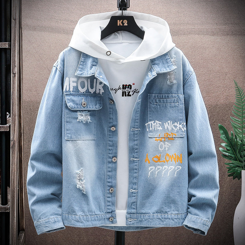 Men's Denim Ripped Gradient/Solid Loose Hip-Hop Button-Up Jean Jacket