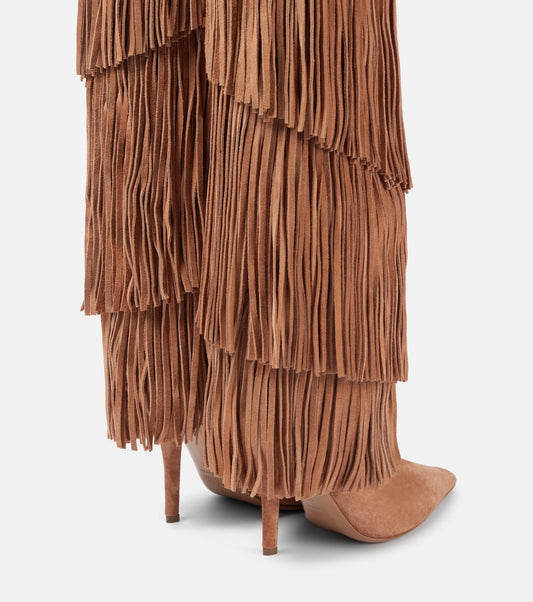 Suede Western Tassel Fringe Design Round Head Women's Streetwear Stiletto Heel Knee-High Boots