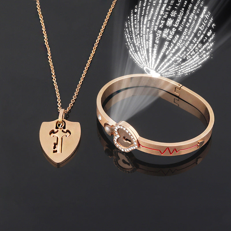 Titanium Sparkling Steel Couple Love Lock Chain Necklace + Bracelet Key Set