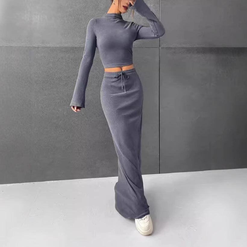 Casual Solid Color Long Sleeve Crop Top + Maxi Skirt Women's 2-Piece Set