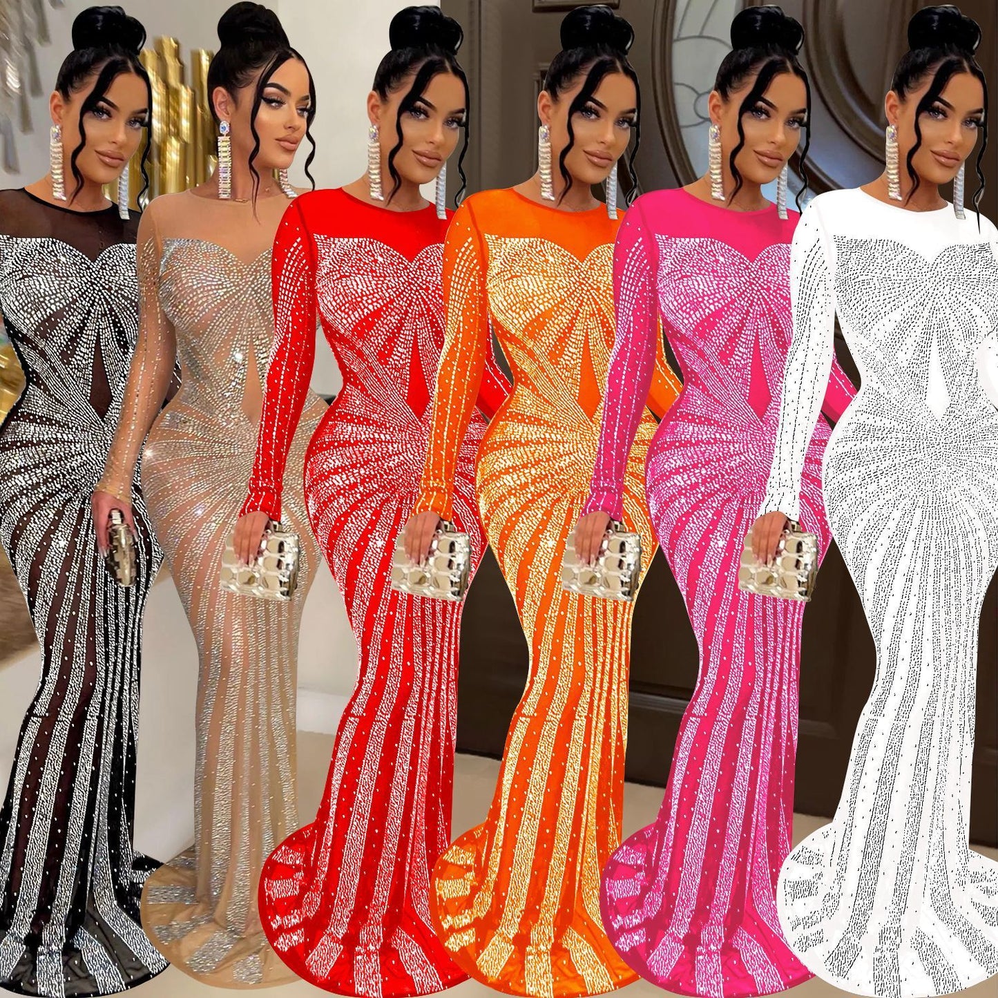 Metallic Hot Drill Rhinestone Sparkling Glitter Transparent Mesh Sheer Long Sleeve Formal Floor-Length Dress