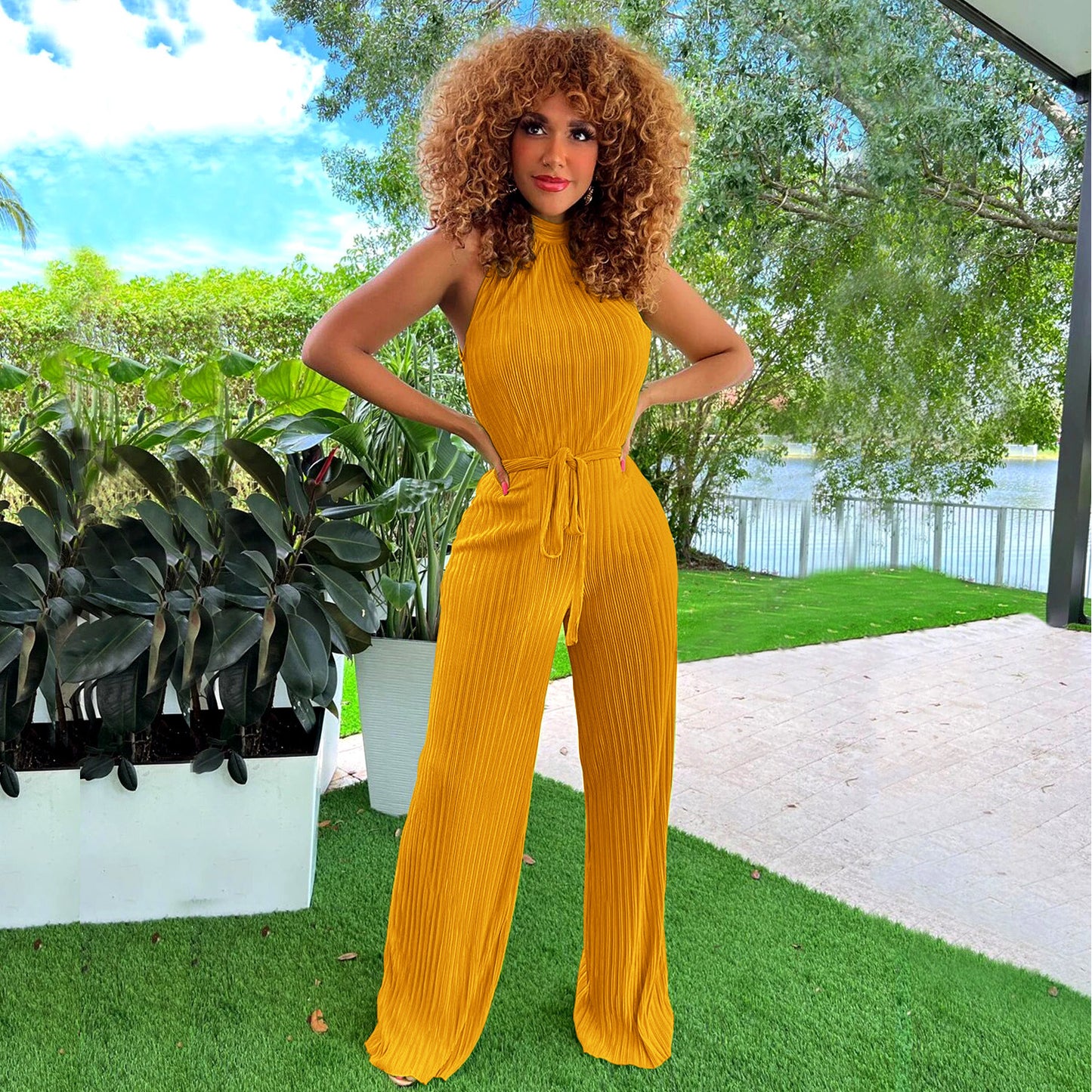 Ribbed Pattern Pleated Women's Lace-Up Solid Color Jumpsuit