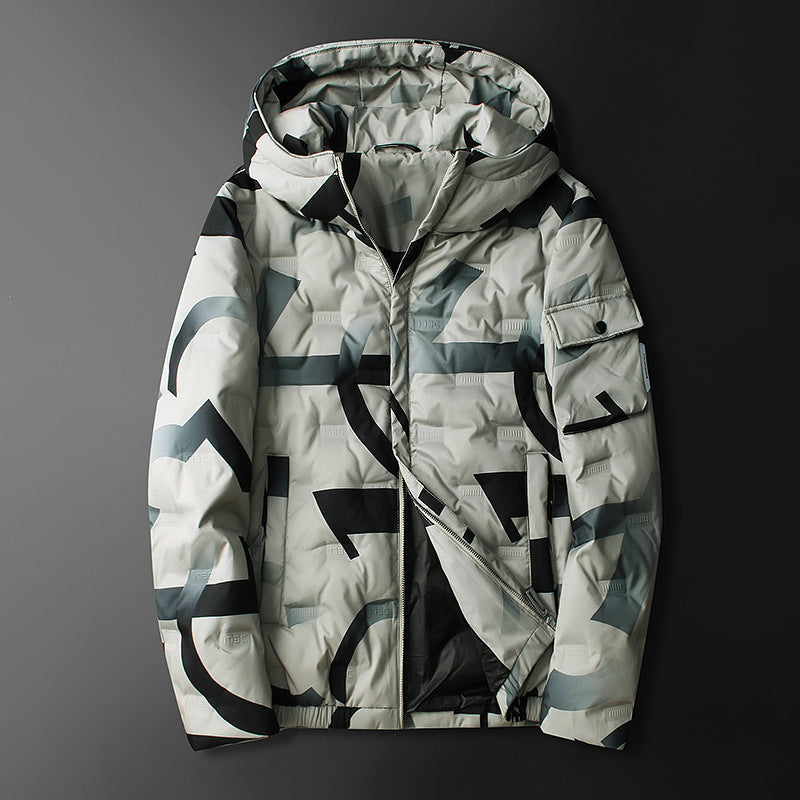 Men's Striped Tie-Dye Quilted Padded Hooded Down Ski Jacket