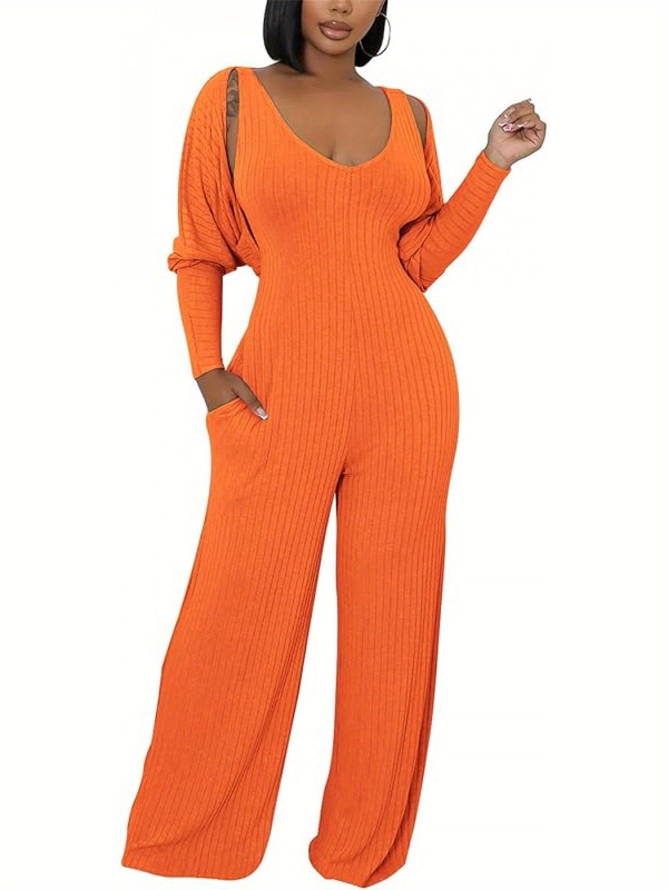 Ribbed Knitted Solid Color Batwing Sleeve Blazer + U-Neck Women's Sleeveless Jumpsuit 2-Piece Set