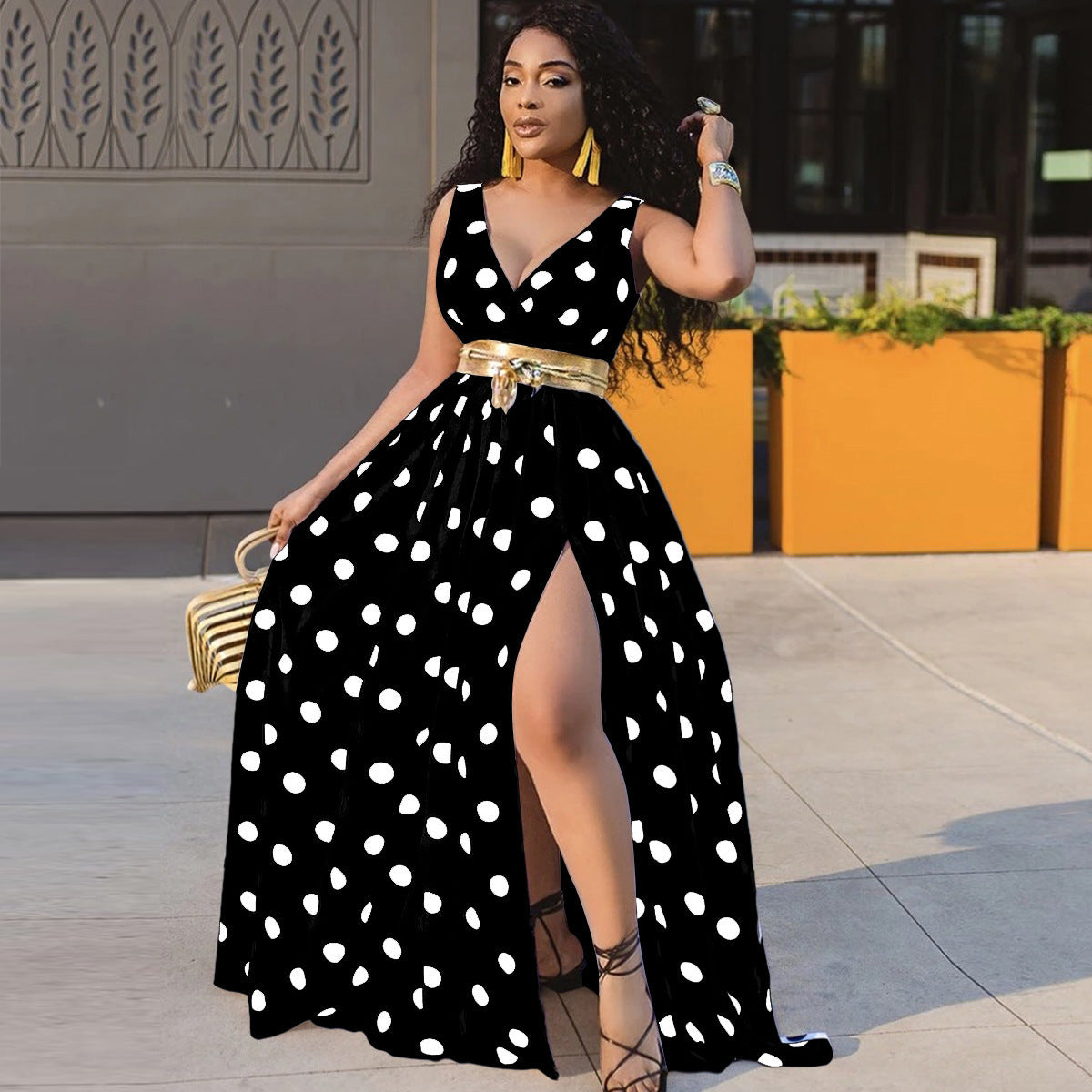 Polka Dot V-Neck Wrapped Sleeveless High Slit Maxi Dress