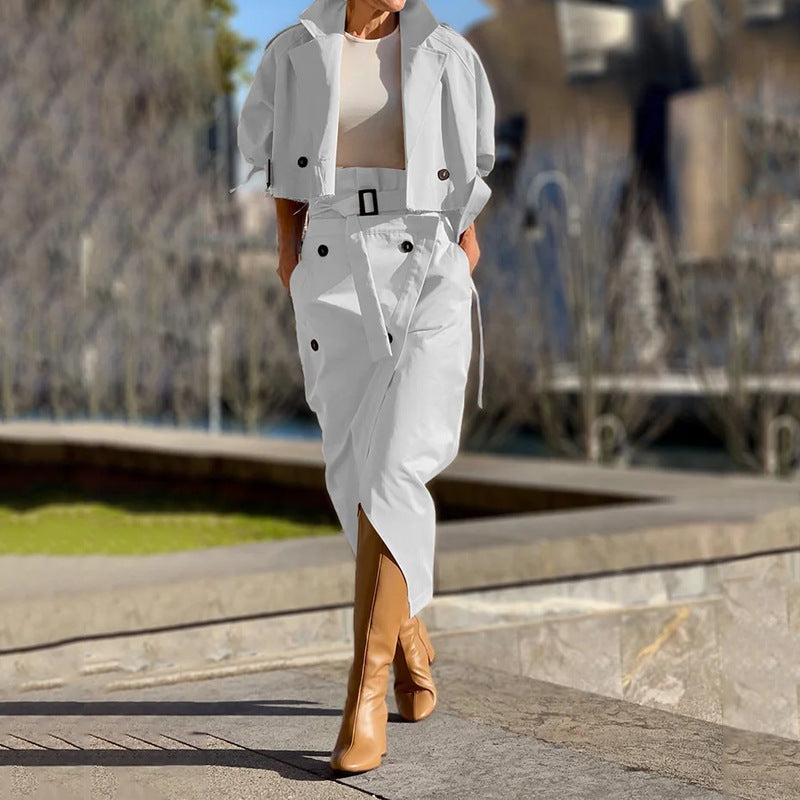 Irregular Short Sleeve Turn-Down Collar Safari Zipper Jacket + High Slit Wrapped Cargo Pocketed Skirt Women's 2-Piece Set