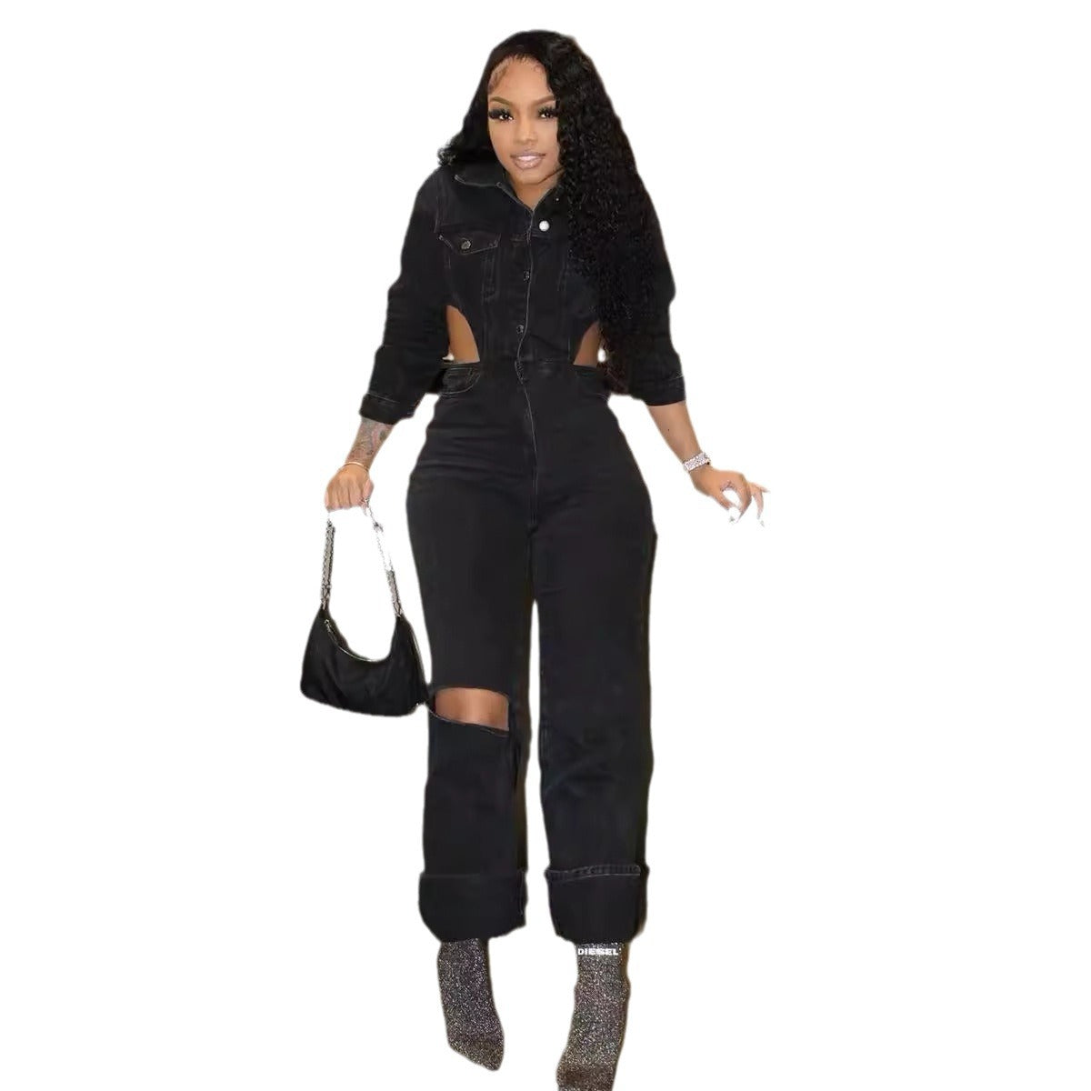 Black Denim Elastic Hollow-Out Long Sleeve Women's Jeans Jumpsuit