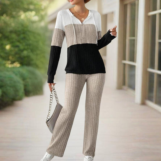 Knitted Ribbed Drawstring Striped Colorblock Long Sleeve Zipper Hoodie Sweatshirt + Wide Leg Sweatpants Women's Tracksuit