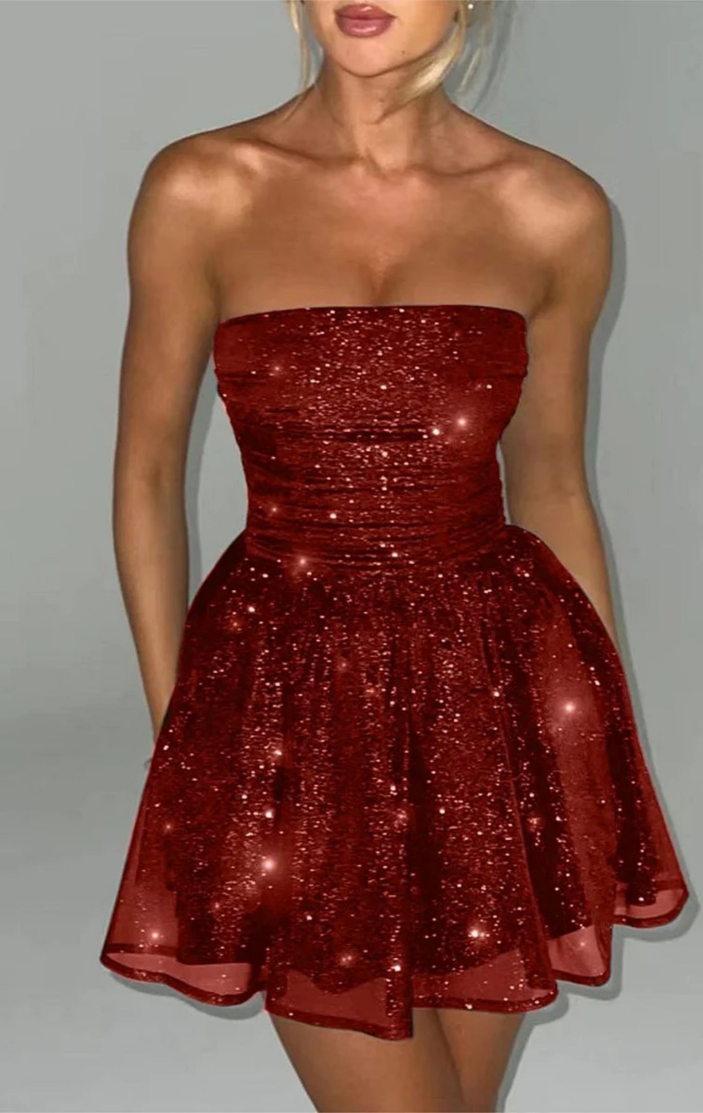 Sparkling Glitter Solid Strapless Mesh Formal Tube Mini Dress