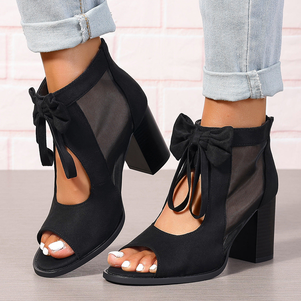 Bowknot Design Chunky Platform Heel Women's Hollow-Out Open Toe Ankle Strap Boots
