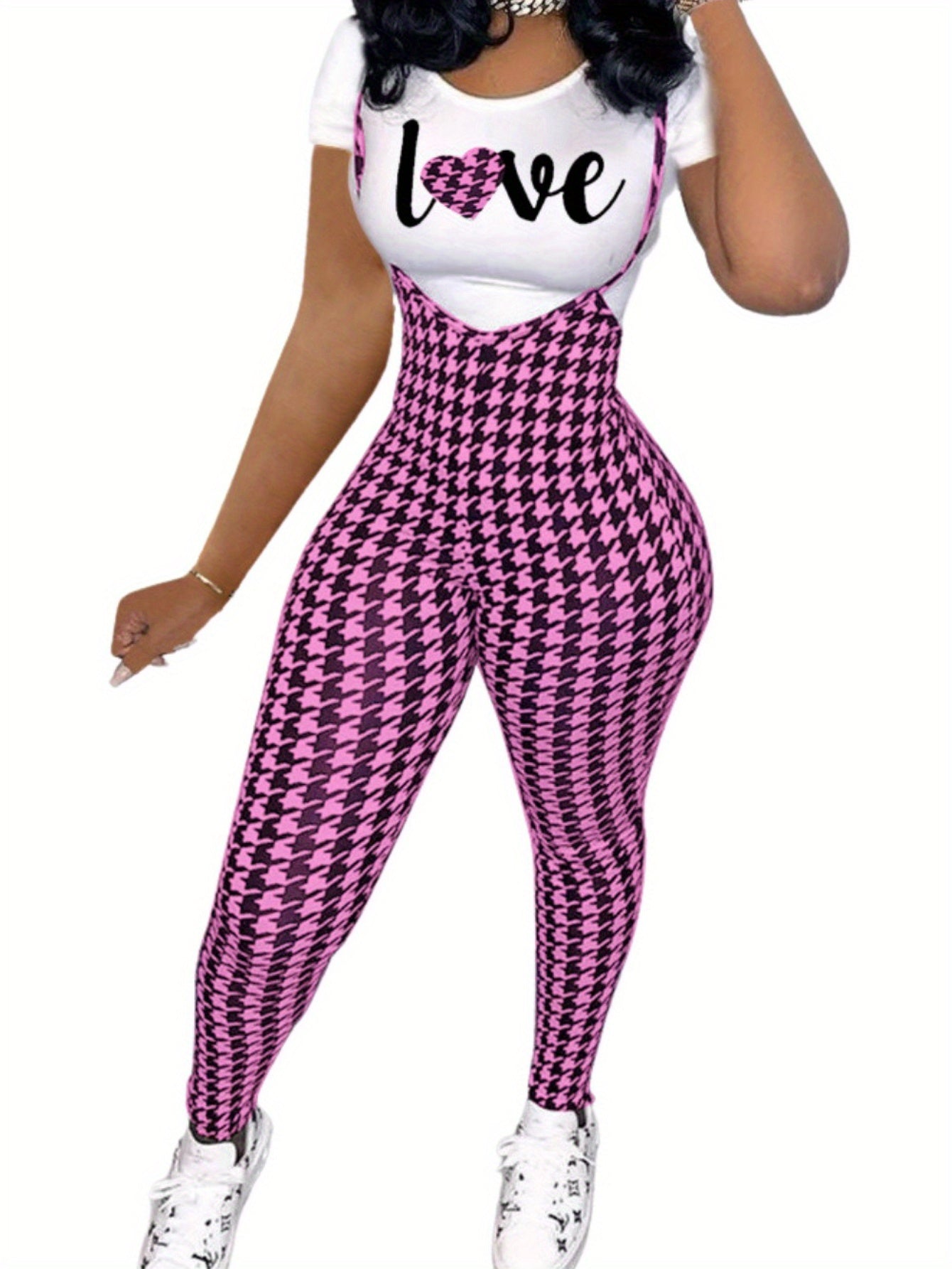 Sleeveless Houndstooth Plaid Print Cami Overalls Jumpsuit w/Love Heart Print T-Shirt Women's 2-Piece Set
