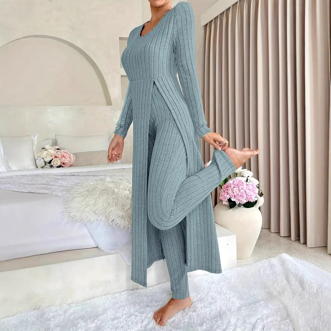 Ribbed O-Neck Split Long Sleeve Maxi Shirt + Leggings Women's Two-Piece Set