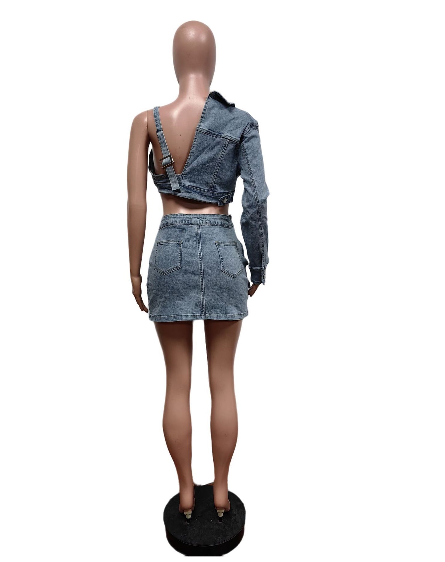 Irregular Light Blue Washed Denim One Sleeve Stretch Hollow-Out Cami Crop Top + Cargo Pocketed Side Slit Women's 2-Piece Set