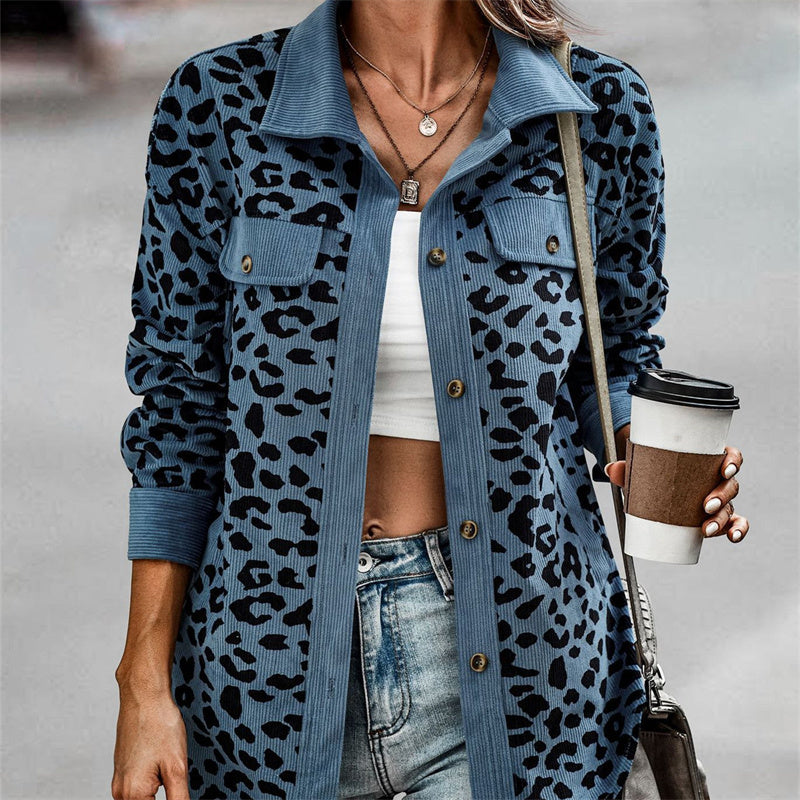 Leopard Print Double Pocket Design Long Sleeve Women's Turn-Down Collar Jacket to 3X Plus Size