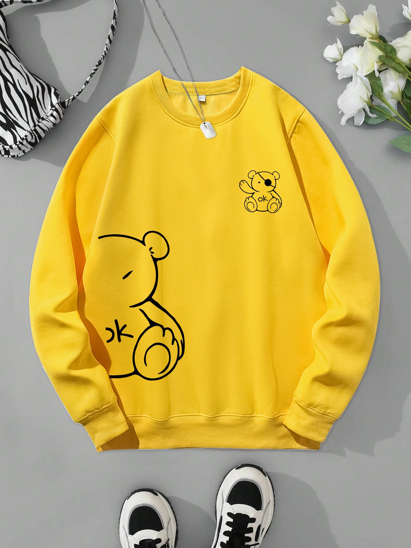 Teddy Bear Print Women's Long Sleeve O-Neck Sweatshirt