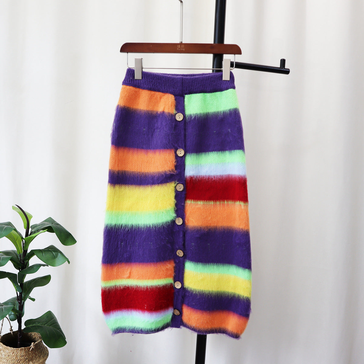 Rainbow Striped Fuzzy Knitted Women's Cardigan Sweater + Button-Up Maxi High Slit Skirt 2-Piece Set