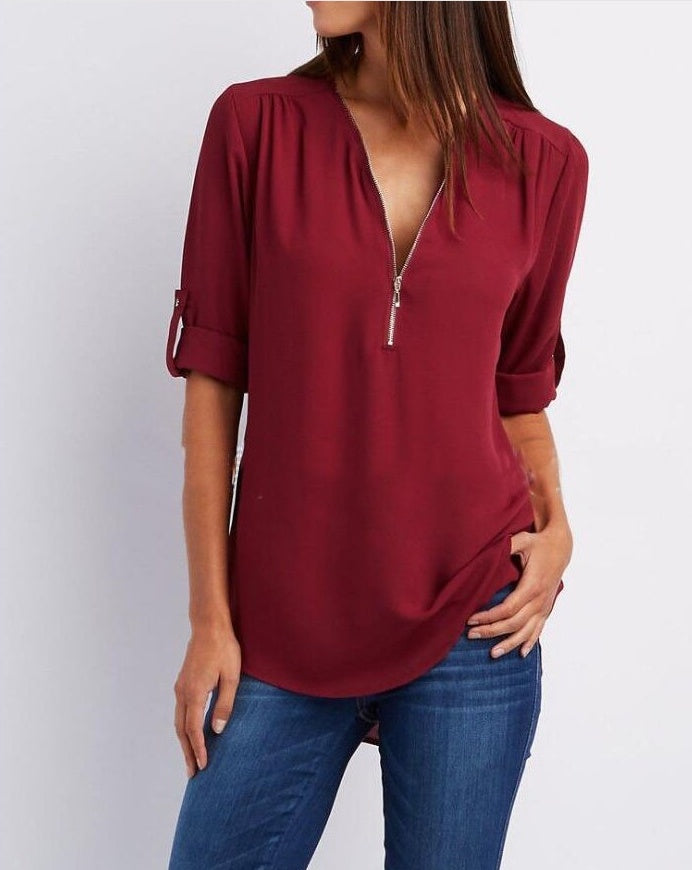 Solid Color V-Neck Short Sleeve Women's Zipper Shirt to 5X Plus Size