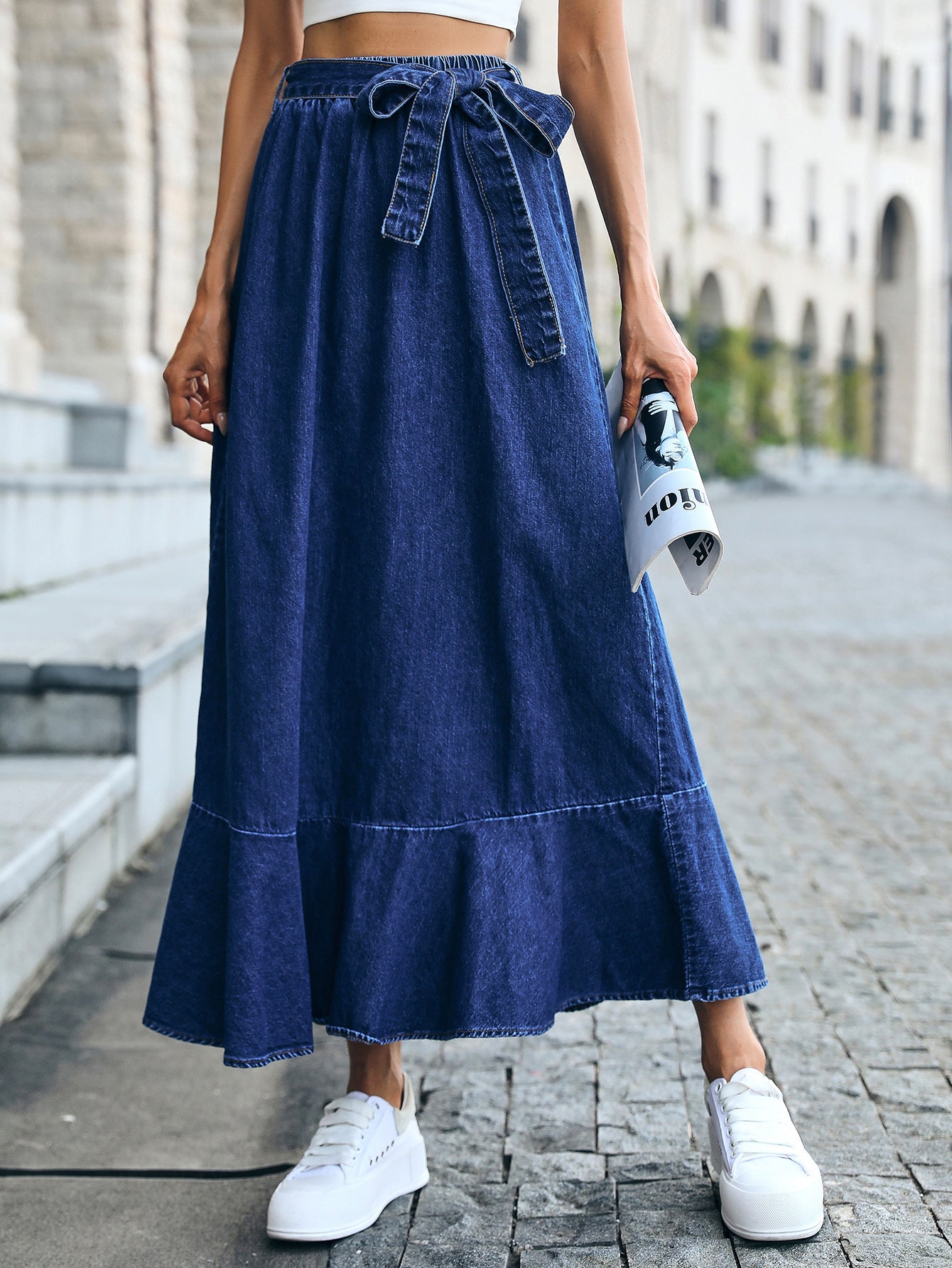 Denim Blue Bowknot Sash Belted Maxi Jean Skirt