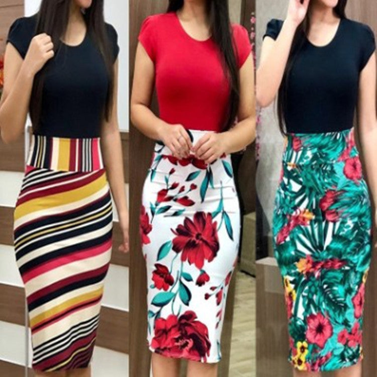 Floral/Striped Colorblock Printed Office Midi Pencil Dress