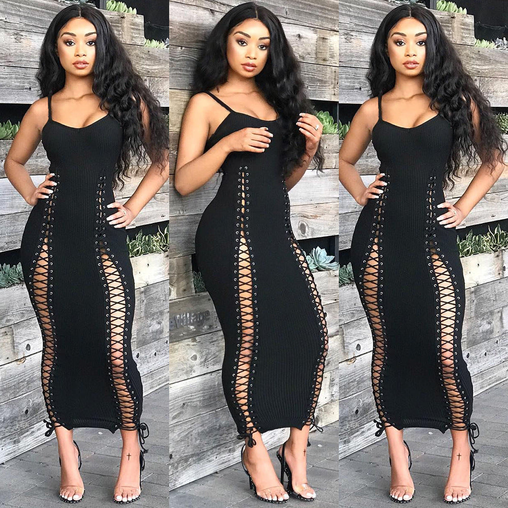 Sleeveless Hollow-Out V-Neck Lace-Up Spaghetti Strap Skinny Maxi Dress