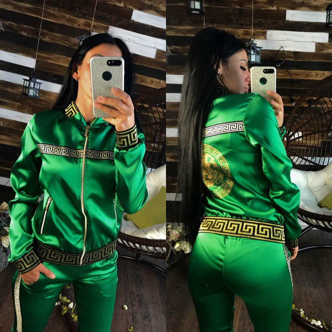 Satin Geometric Monogram Print O-Neck Women's Zipper Bomber Jacket + Sweatpants Tracksuit