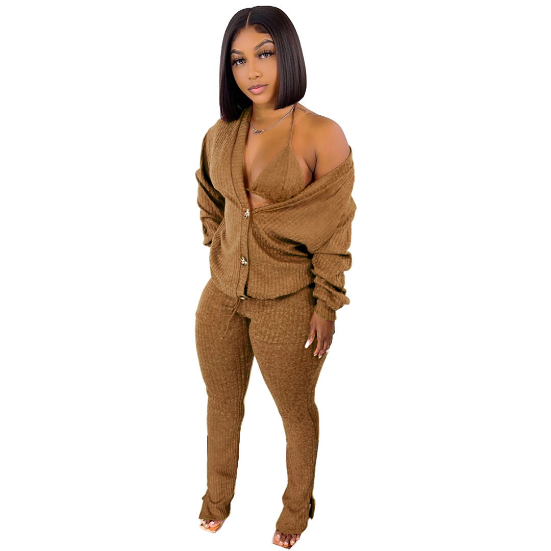 Ribbed Button-Up Women's Cardigan Pocketed Sweater + Matching Bra + Leggings 3-Piece Set