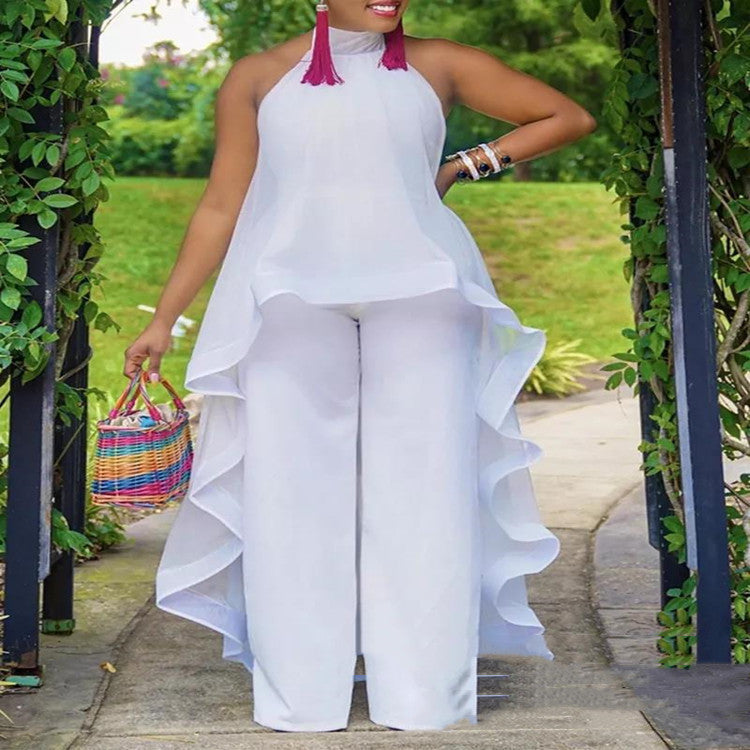 White Ruffled Sleeveless Oversized Women's Temperament Party Maxi Blouse