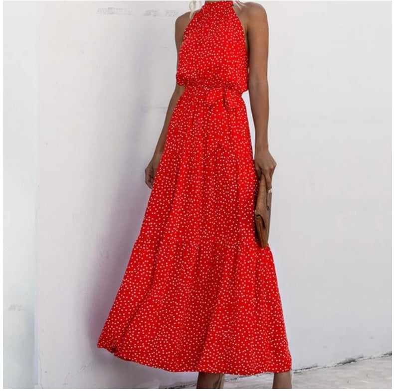 Sleeveless Polka Dot Print Tiered Mock Neck Sash Belt Maxi Dress