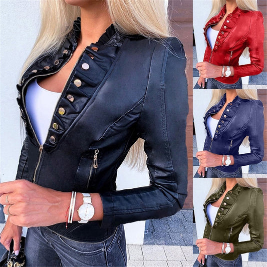PU Leather Ruffled Gold Button Design Skinny Women's Zipper Biker Jacket to 5X Plus Size