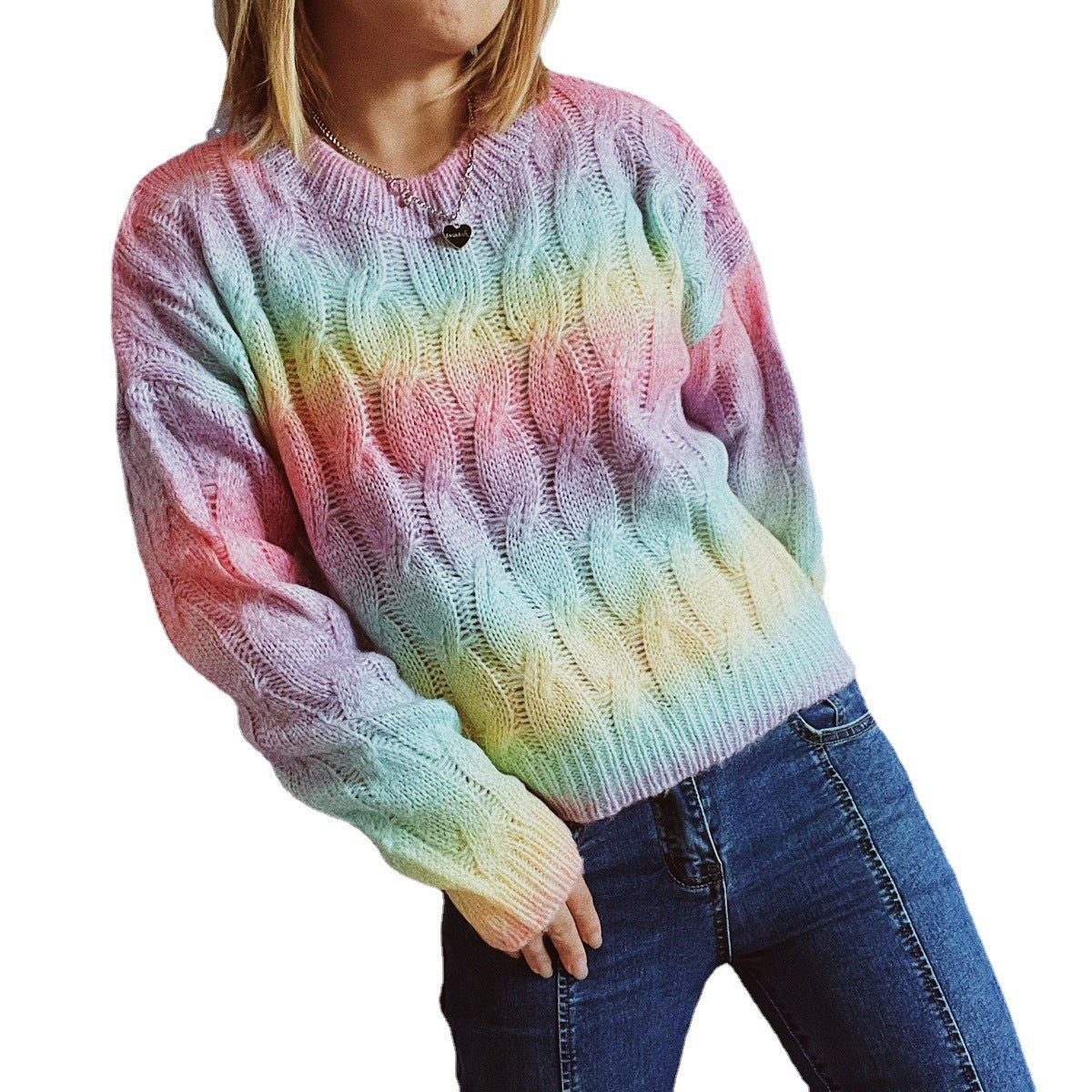 Rainbow Striped O-Neck Weave Pattern Knitted Women's Long Sleeve Sweater