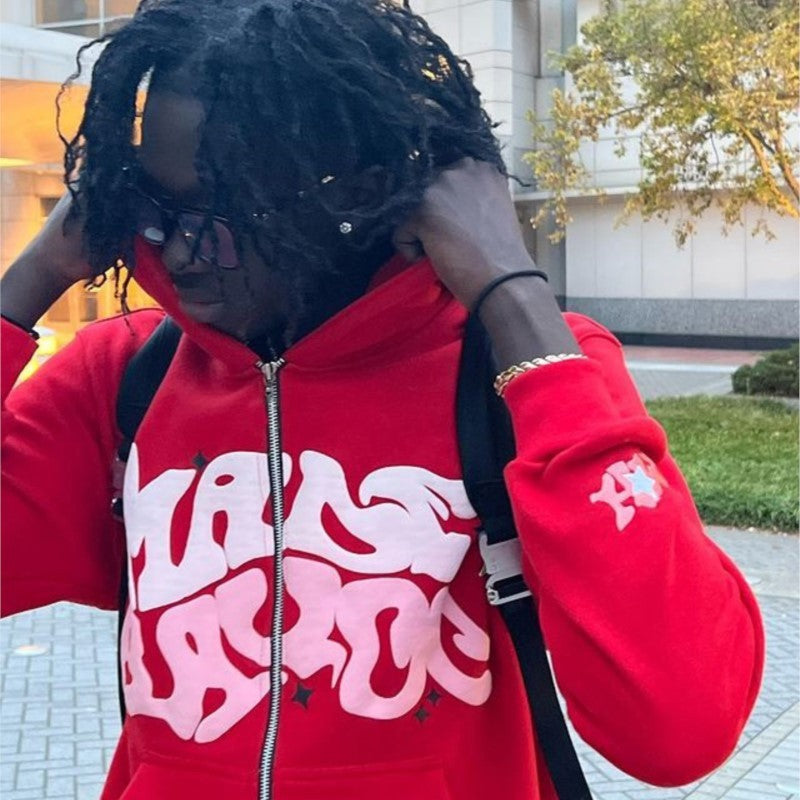 Men's Squiggly Letter Print Zipper Hoodie Sweatshirt