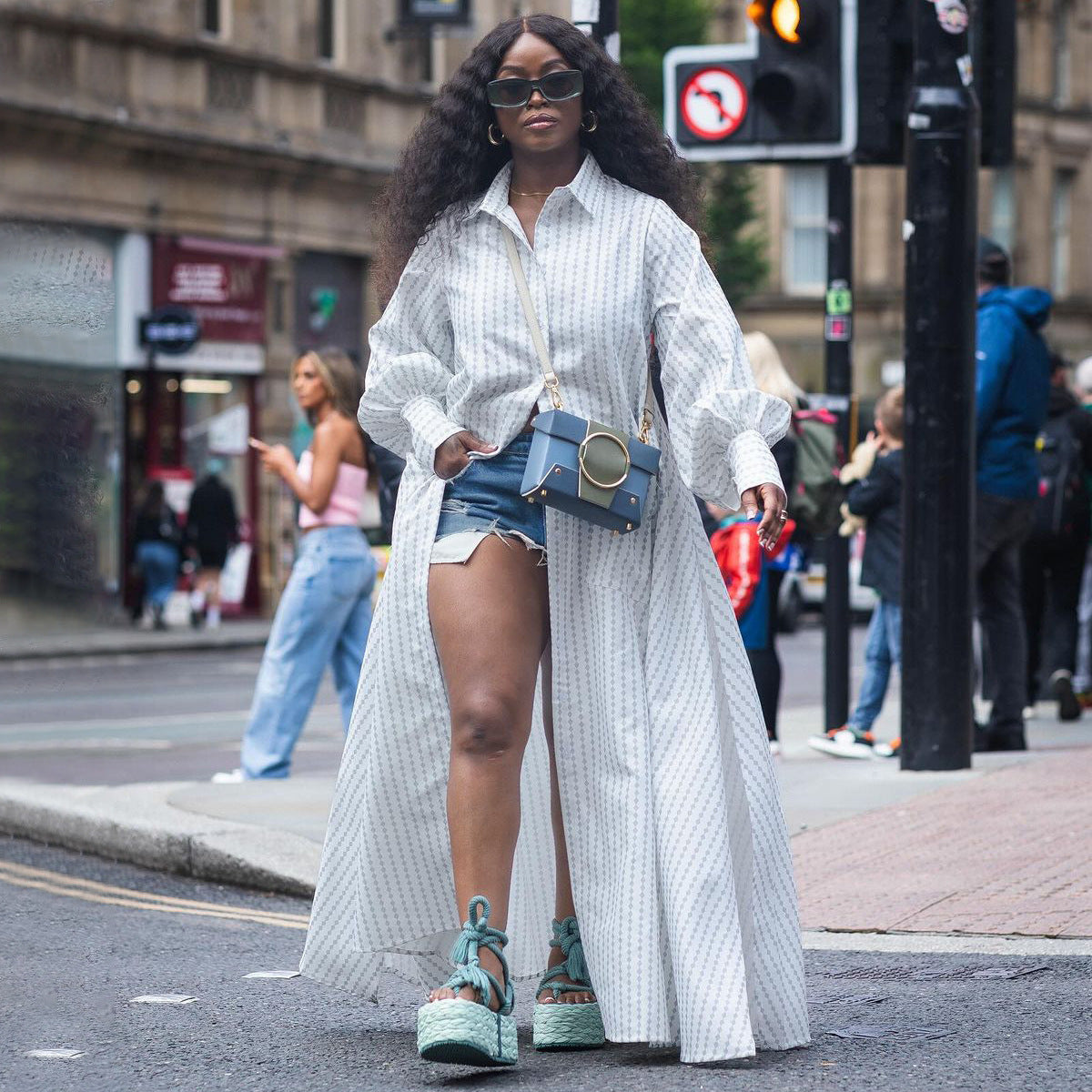 Striped Print Turn-Down Collar Long Sleeve Shirt Dress to 5X Plus Size