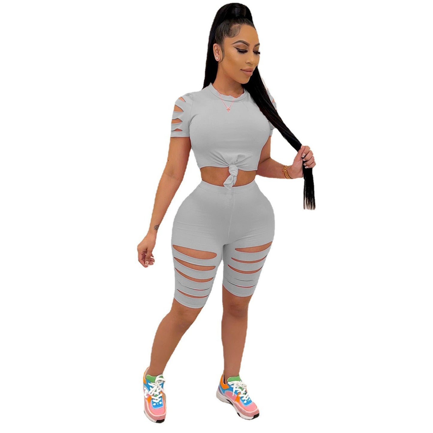 Solid Color Short Sleeve Crop Top + Ripped Biker Shorts 2-Piece Fitness Set
