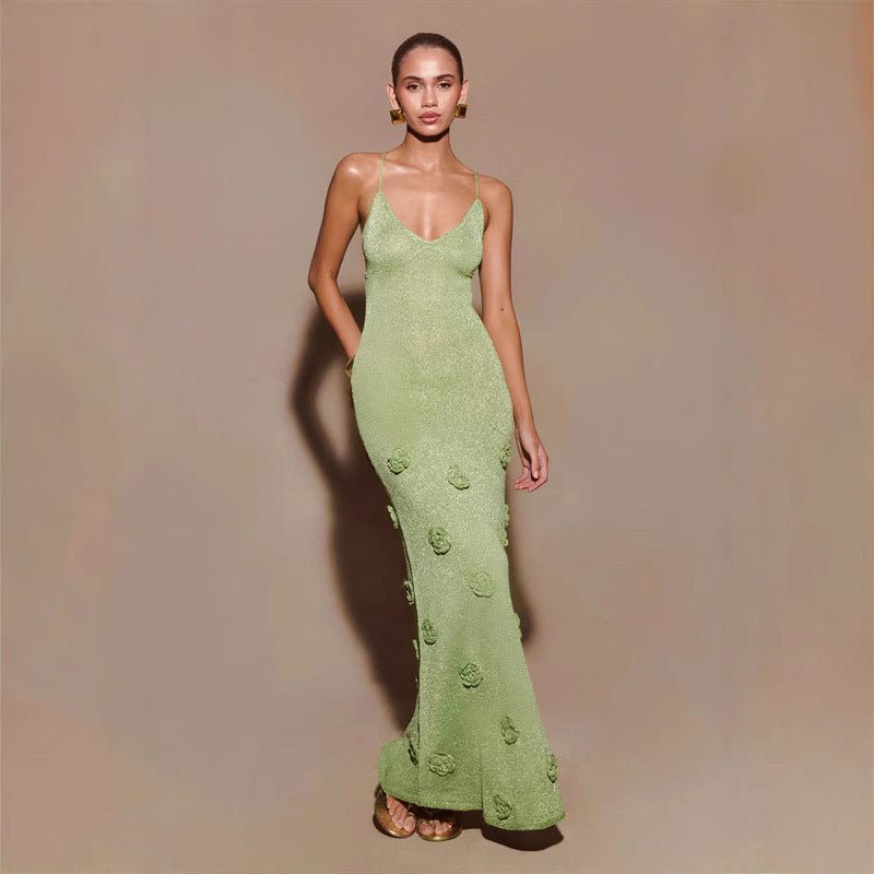 Knitted Crochet Flower Embroidered Glitter Sleeveless Spaghetti Strap Maxi Dress