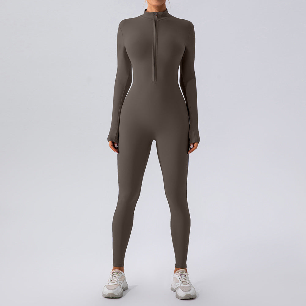 Fleece Lined Yoga Long Sleeve Fitness Zipper Skinny Jumpsuit
