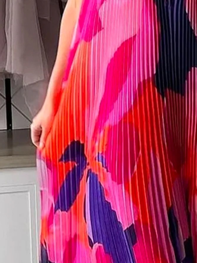 Floral Print Pleated Sleeveless Deep V-Neck Halter Backless Swing Maxi Dress