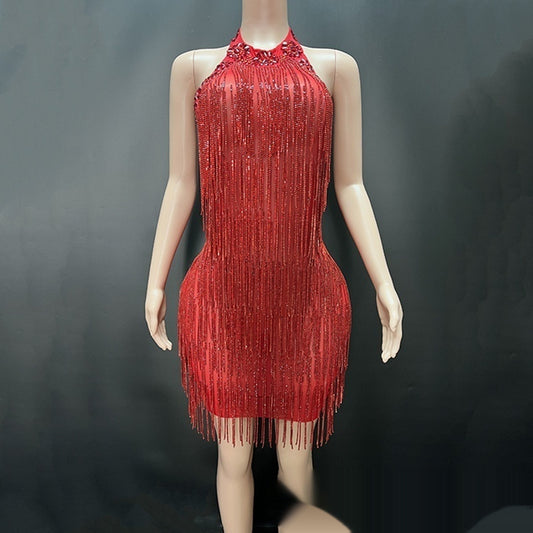 Transparent Sheer Hot Drill Diamond Tassel Fringe Chain Design Backless Sleeveless Formal Mini Party/Prom Dress