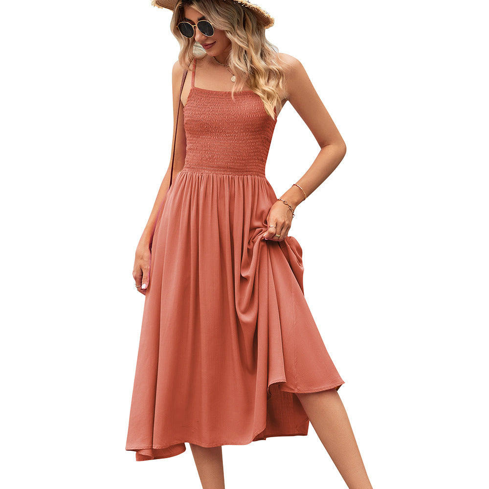 Sleeveless Ruched Square Collar Pleated Bohemian Solid Color Spaghetti Strap Midi Dress