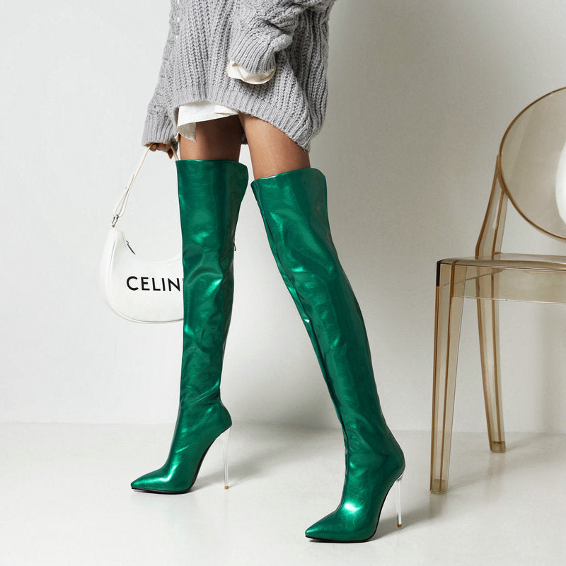 Solid/Leopard Women's Bright Leather Pointed Toe Metal Stiletto Heel Over-the-Knee Boots