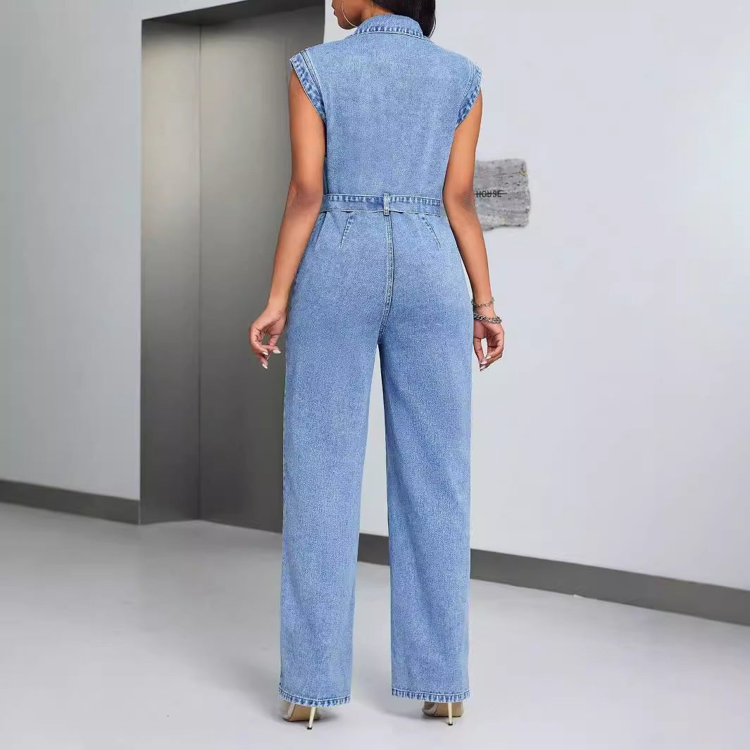 Denim Faded Blue Sleeveless Cargo Multi-Pocketed Trouser Jeans Jumpsuit