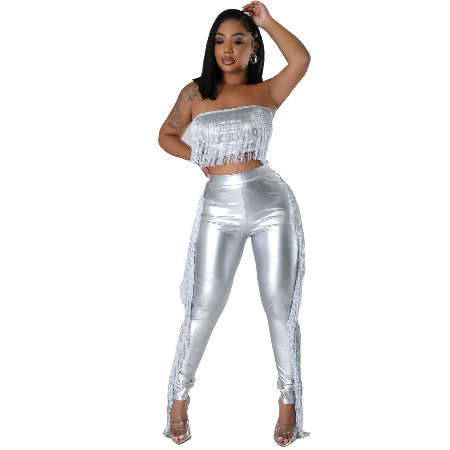 Sleeveless Faux Leather Tassel Fringe Design Women's Crop Tube Top + Skin Tight Pants 2-Piece Set